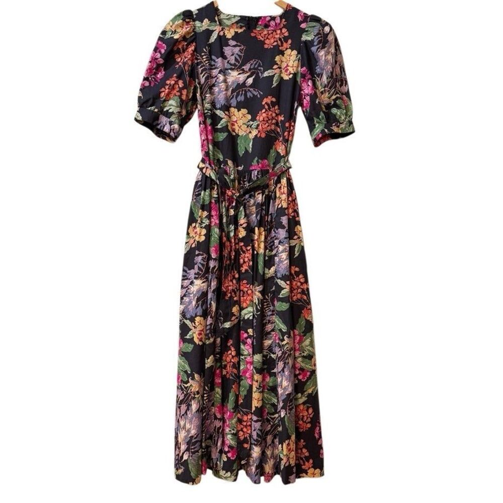 Laura Ashley Vintage Floral Cotton Midi Dress 8 Puff Sleeve Belted Cottagecore